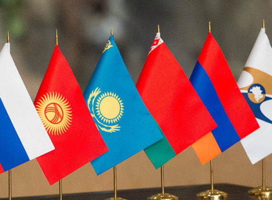 Six small desktop flags on golden stands arranged in a line, representing the member states of the Eurasian Economic Union—Russia, Kyrgyzstan, Kazakhstan, Belarus, and Armenia—alongside the official white EAEU flag on the far right.
