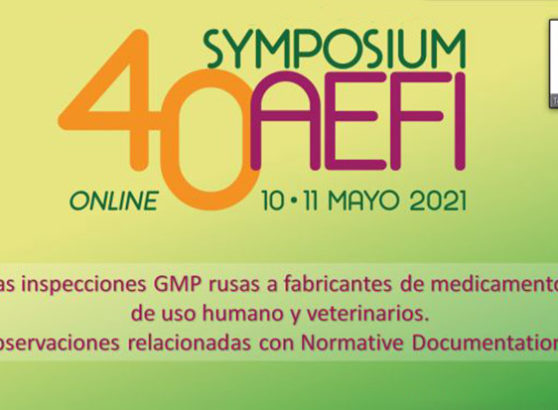 Captura de pantalla de un seminario web interactivo durante el 40 Symposium AEFI Online, mostrando la diapositiva principal sobre inspecciones GMP rusas presentada por Lidia Lianiuka Lenivko, con una miniatura de vídeo de la ponente en la esquina superior derecha.