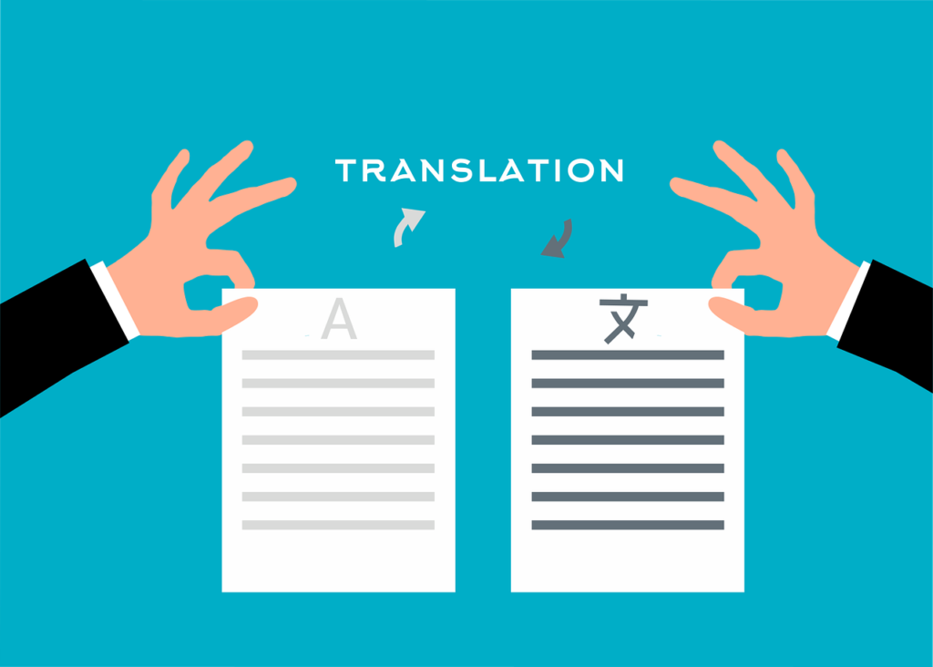 Graphic illustration showing the inscription 'Translation' accompanied by two sheets of paper representing an original technical text and its corresponding translated version.
