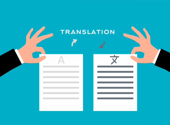 Graphic illustration showing the inscription 'Translation' accompanied by two sheets of paper representing an original technical text and its corresponding translated version.