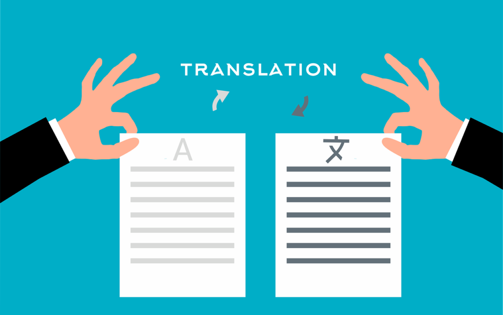 Graphic illustration showing the inscription 'Translation' accompanied by two sheets of paper representing an original technical text and its corresponding translated version.