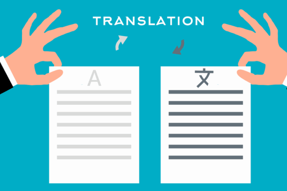Graphic illustration showing the inscription 'Translation' accompanied by two sheets of paper representing an original technical text and its corresponding translated version.