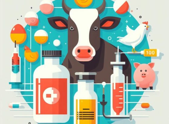 A flat vector illustration with a teal circular background featuring a cow, a pig, chickens, a large medicine bottle with a cross symbol, medical syringes, and pills.
