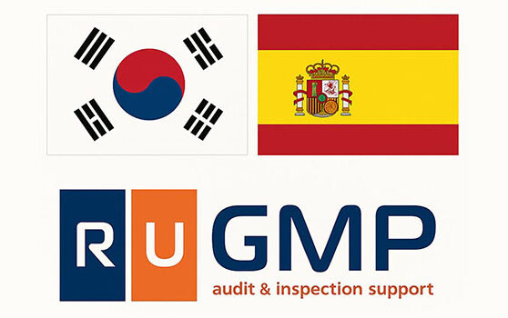 Graphic with a clean white background displaying the national flags of South Korea and Spain on top, with the official RuGMP (audit & inspection support) corporate logo centered below.