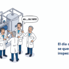 Ilustración isométrica de 4 inspectores de calidad o farmacéuticos en batas blancas riendo junto a equipos de purificación de agua (WFI), con una burbuja de diálogo que dice "Ah....hh! WFI!" y el logo de RuGMP. Refleja un malentendido divertido en una auditoría GMP.