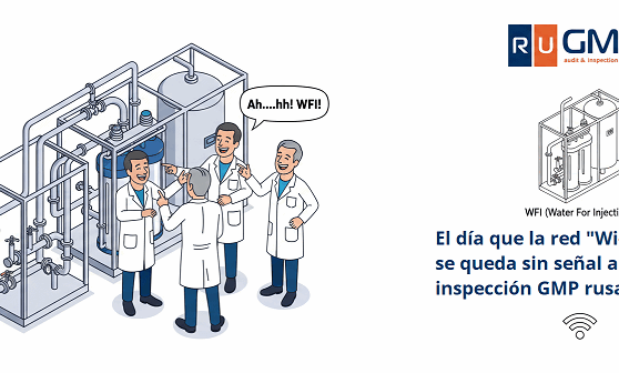 Ilustración isométrica de 4 inspectores de calidad o farmacéuticos en batas blancas riendo junto a equipos de purificación de agua (WFI), con una burbuja de diálogo que dice "Ah....hh! WFI!" y el logo de RuGMP. Refleja un malentendido divertido en una auditoría GMP.