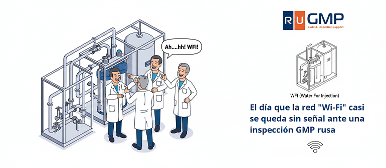 Ilustración isométrica de 4 inspectores de calidad o farmacéuticos en batas blancas riendo junto a equipos de purificación de agua (WFI), con una burbuja de diálogo que dice "Ah....hh! WFI!" y el logo de RuGMP. Refleja un malentendido divertido en una auditoría GMP.