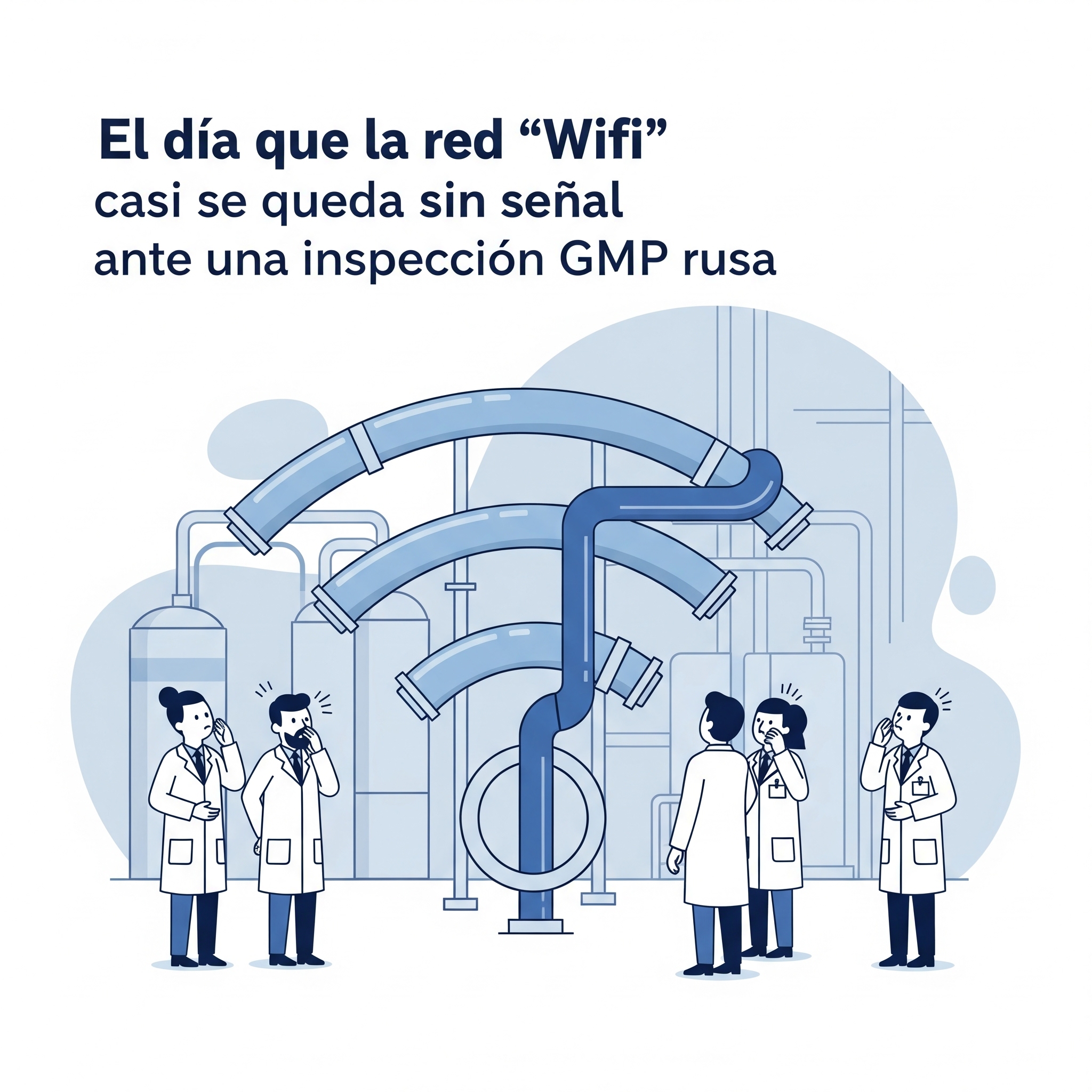 Ilustración esquemática de la anécdota del WFI y WiFi durante una inspección GMP