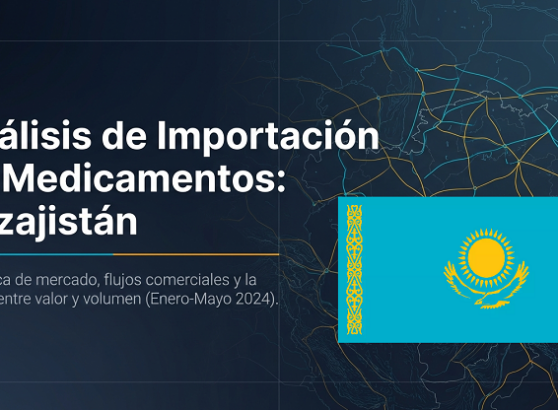 Imagen de portada en español con fondo azul oscuro y líneas de diseño geométrico que muestra el título "Análisis de Importación de Medicamentos: Kazajistán" junto a la bandera nacional de Kazajistán sobre un mapa de rutas comerciales estilizado.