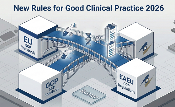 Infografía isométrica que muestra un laboratorio con una red de puentes de datos que conectan cubos representando los estándares GCP de la Unión Europea y las regulaciones GCP de la Unión Económica Euroasiática. Texto superior: Nuevas Reglas de Buenas Prácticas Clínicas 2026. Iconos de datos, ADN, documentos de estudio y medicamentos se mueven entre los cubos. Un microscopio y una balanza están a los lados.