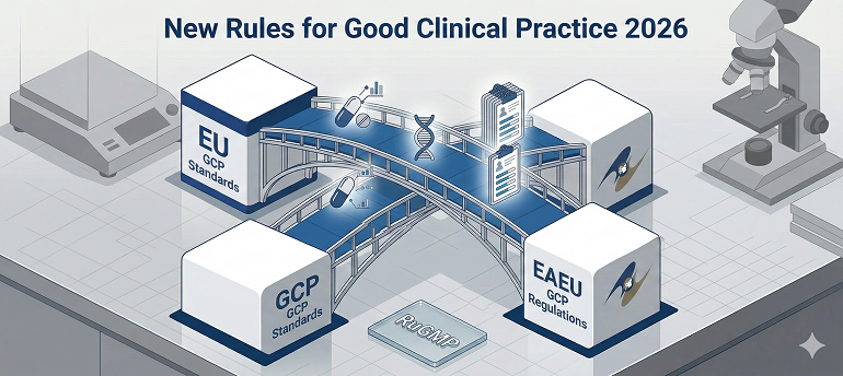 Infografía isométrica que muestra un laboratorio con una red de puentes de datos que conectan cubos representando los estándares GCP de la Unión Europea y las regulaciones GCP de la Unión Económica Euroasiática. Texto superior: Nuevas Reglas de Buenas Prácticas Clínicas 2026. Iconos de datos, ADN, documentos de estudio y medicamentos se mueven entre los cubos. Un microscopio y una balanza están a los lados.