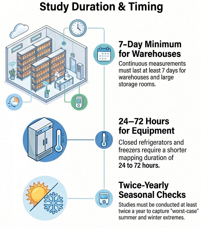 Infographic detailing the duration and timing requirements for temperature mapping studies according to EAEU mapping GDP guide. It outlines three key requirements: a 7-day minimum for warehouses and large storage rooms, a 24 to 72-hour period for closed equipment such as refrigerators and freezers, and mandatory twice-yearly seasonal checks (summer and winter) to capture "worst-case" temperature extremes.