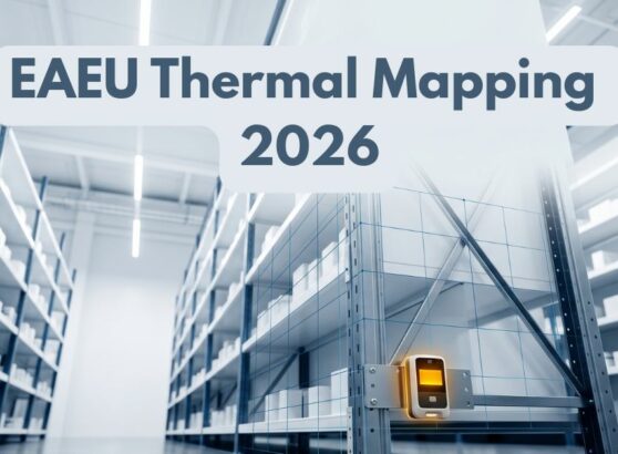 A high-end corporate photo showing a transparent tablet with a 3D sensor grid for pharmaceutical warehouse mapping. In the background, a logistics truck is sealed with EAEU labels for Russia, Belarus, Armenia, and Kazakhstan.