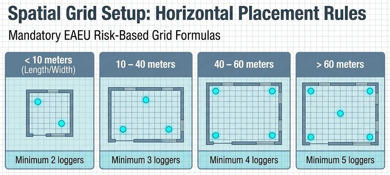 Technical diagram by RuGMP showing mandatory EAEU risk-based grid formulas for horizontal sensor placement. It details minimum logger requirements based on room dimensions: 60m (5 loggers).