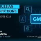 Promotional banner for RuGMP featuring Lidia Lianiuka, founder of RuGMP, discussing the new challenges of GMP inspections in 2025. The image includes technical icons representing laboratory analysis, quality control, documentation, and pharmaceutical manufacturing processes.